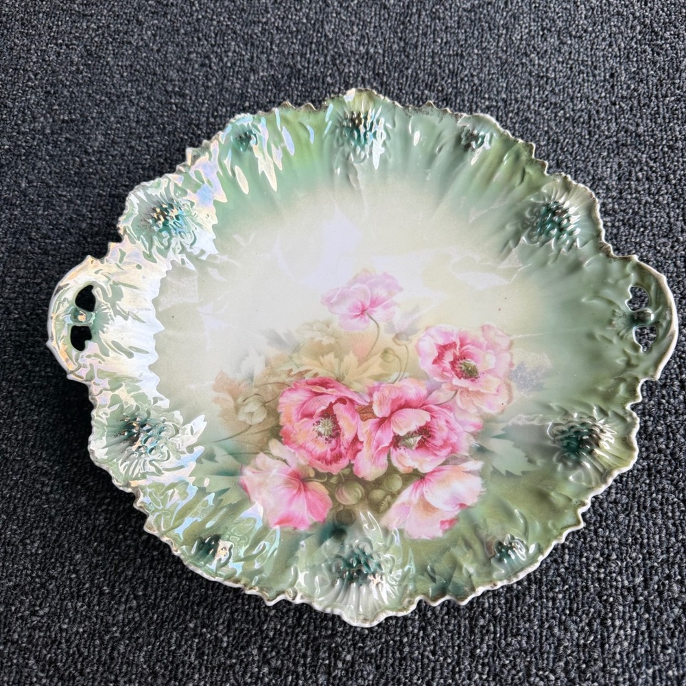 Antique RS Prussia Pink Poppy Porcelain Cake Plate Luster‎ Scalloped Handle 11in